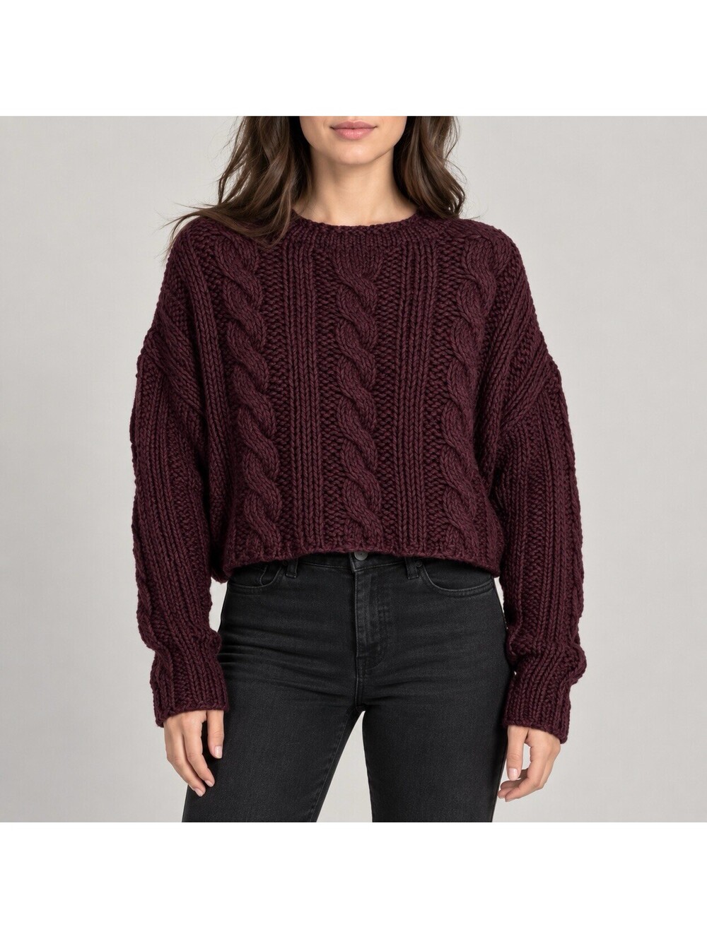 Free People Women S/P Burgundy Cable Knit Cropped Dolman Sleeve Sweater Boho